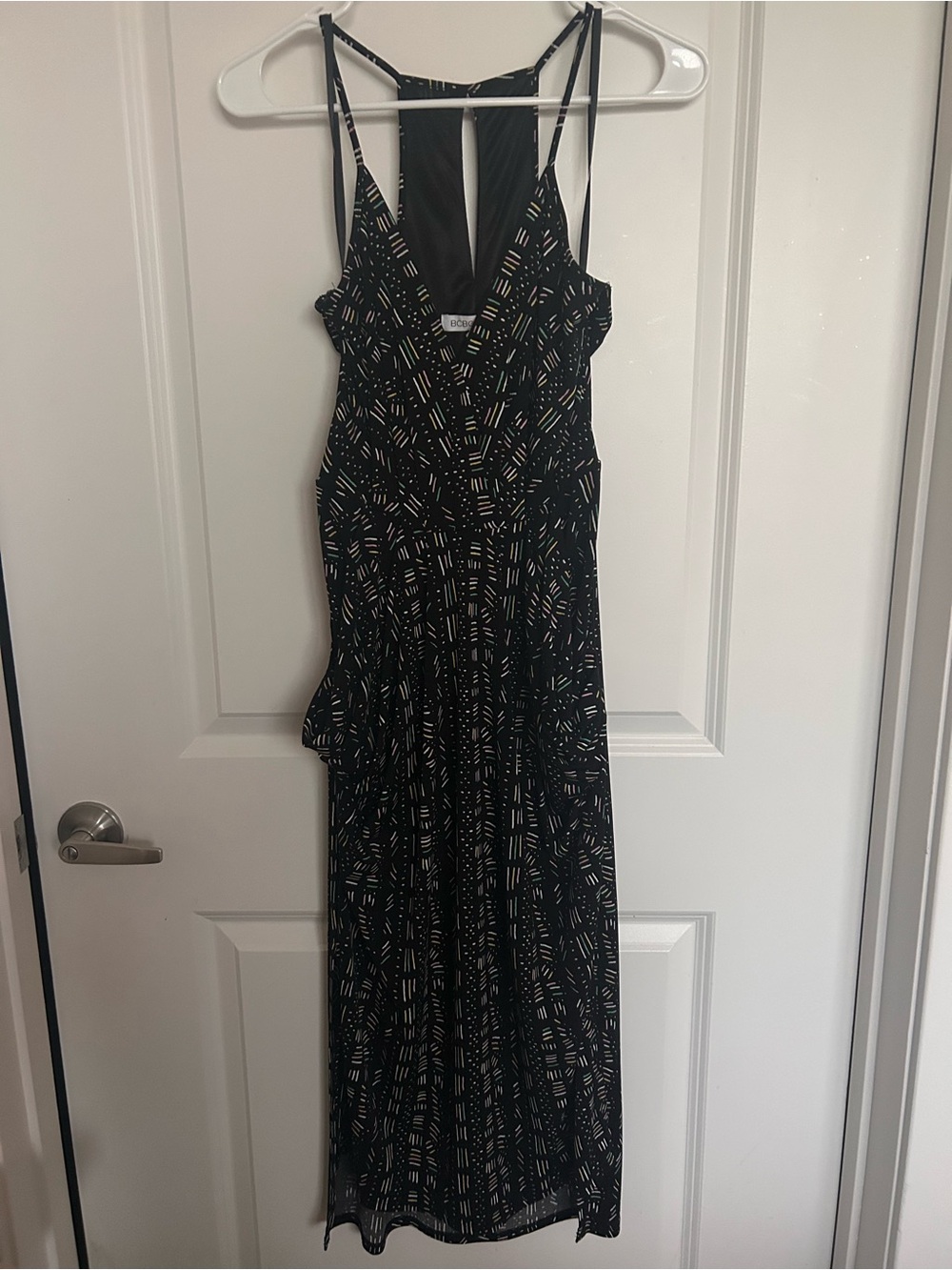 BCBG Black Maxi Dress with Multicolor Geometric Print
